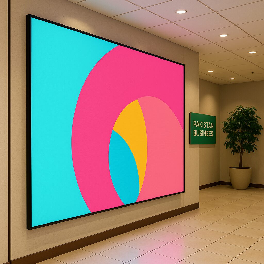 Professional SMD LED display installation showing bright, clear digital signage at a Pakistani retail store with customers viewing the colorful screen and product advertisements