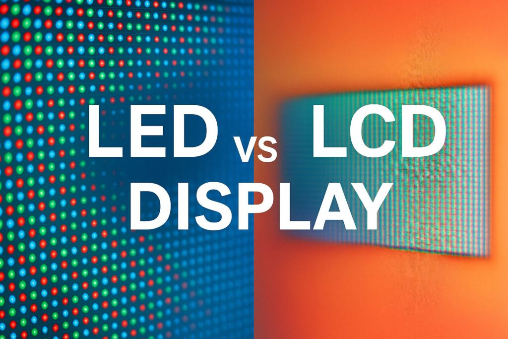 Side-by-side comparison of LED and LCD display installations in a Pakistani commercial setting, showing brightness differences under harsh sunlight conditions typical of Karachi and Lahore business districts