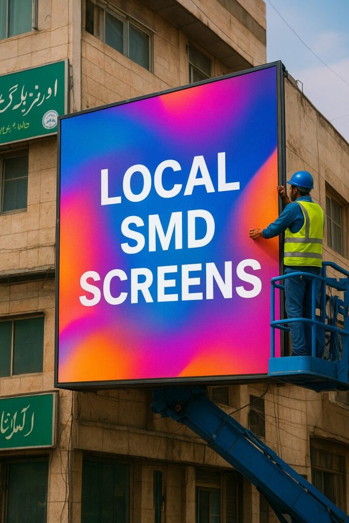 Modern SMD screen display showing vibrant advertisements in a busy Pakistani shopping mall with people walking by, demonstrating the effectiveness of digital signage in retail environments
