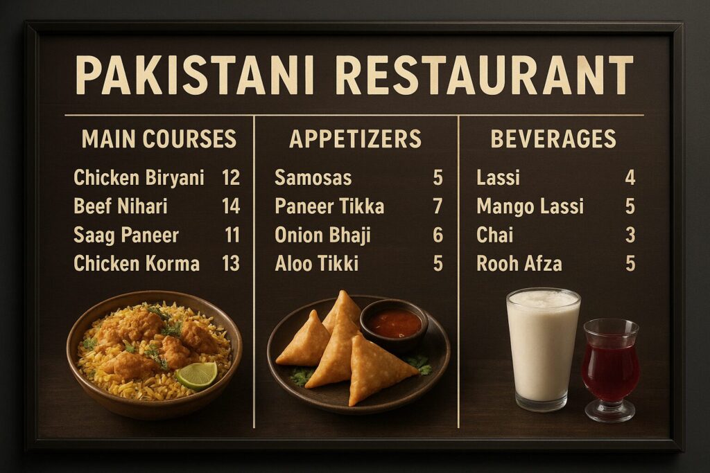 Modern Pakistani restaurant featuring wall-mounted SMD P2.5 digital menu display showing vibrant food imagery and pricing in both English and Urdu, with customers viewing the interactive menu board in a contemporary dining setting