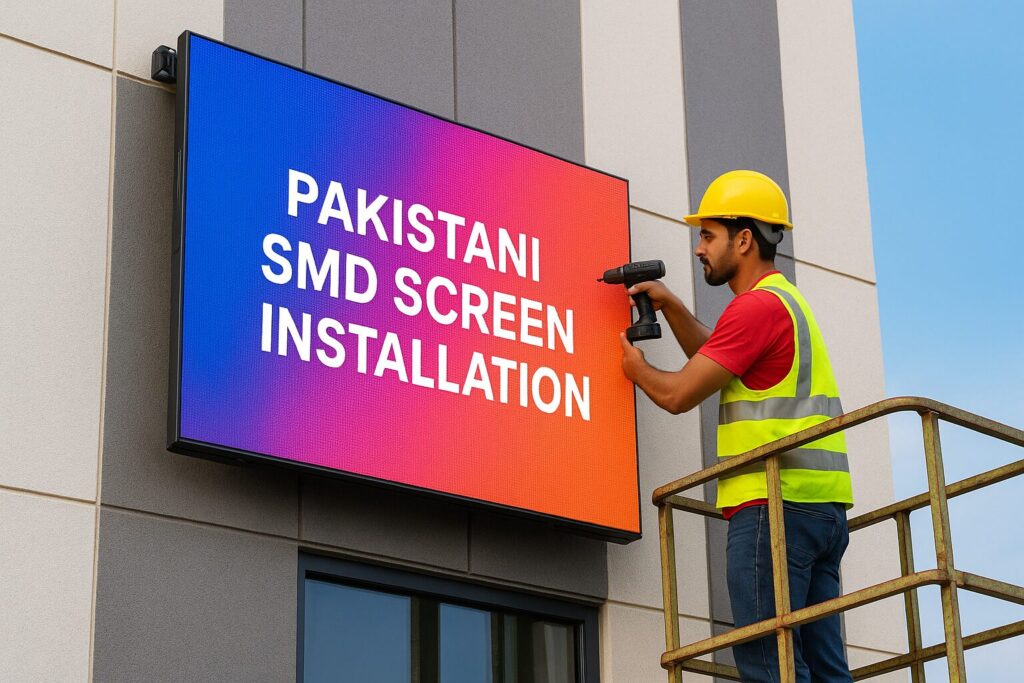 Modern SMD video wall installation in a Pakistani shopping mall showing vibrant displays with customers viewing interactive content, highlighting the commercial impact of professional digital signage solutions