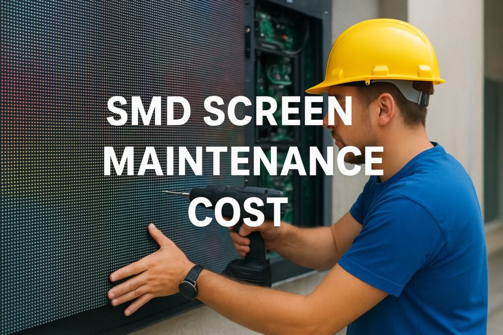 Professional technician performing maintenance on outdoor SMD LED display screen in Pakistani commercial setting with tools and cleaning equipment visible