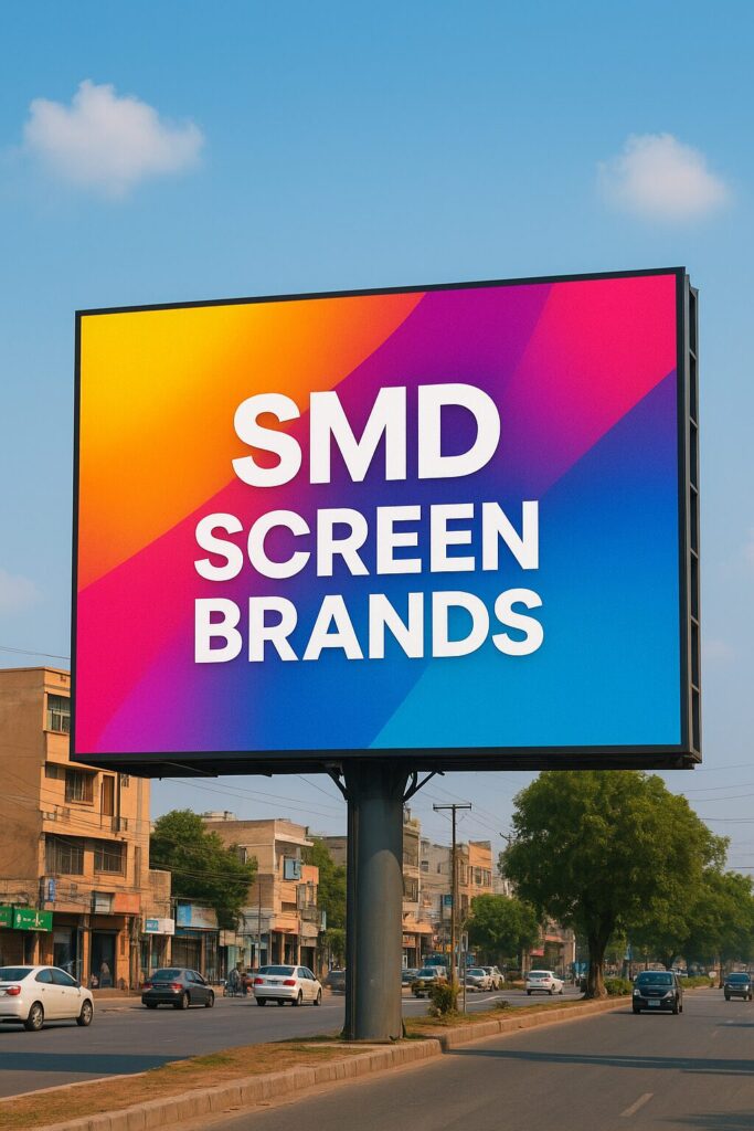 High-resolution outdoor SMD screen displaying vibrant advertisements in busy Pakistani commercial district with modern buildings and traffic, demonstrating superior brightness and clarity in daylight conditions