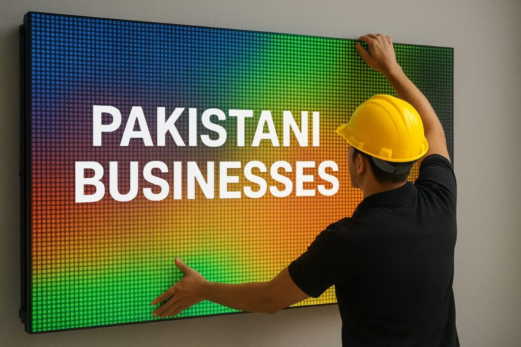 Professional technician installing a high-resolution SMD screen display in a Pakistani commercial building, showcasing indoor and outdoor display options with clear pixel visibility and weather-resistant features