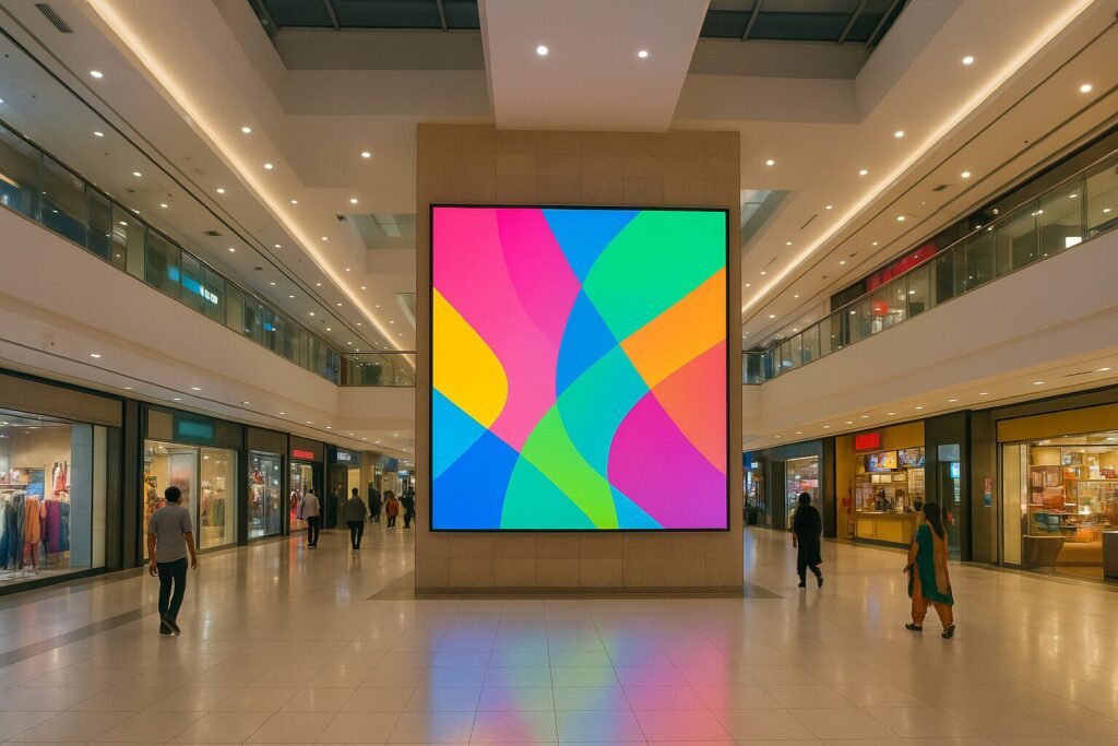 Large indoor SMD video wall displaying colorful advertisements in a busy Pakistani shopping center with customers walking by, showcasing high-resolution digital content and modern retail environment