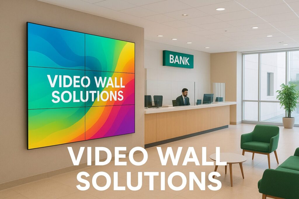 Large SMD video wall displaying real-time financial information and promotional content in a contemporary Pakistani bank branch with customers viewing the displays