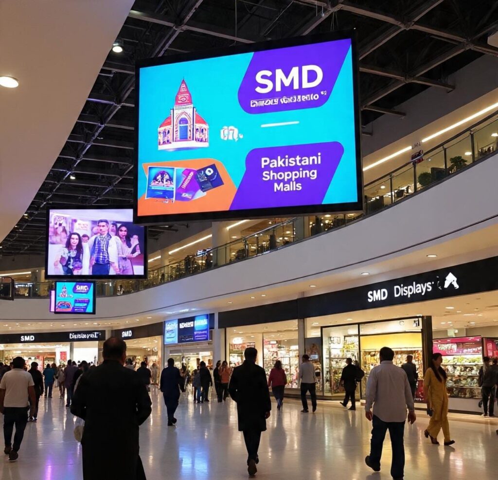 Large high-resolution SMD screen displaying colorful retail advertisements in a modern Pakistani shopping mall atrium with shoppers walking by, showcasing the effectiveness of digital advertising displays in busy commercial environment